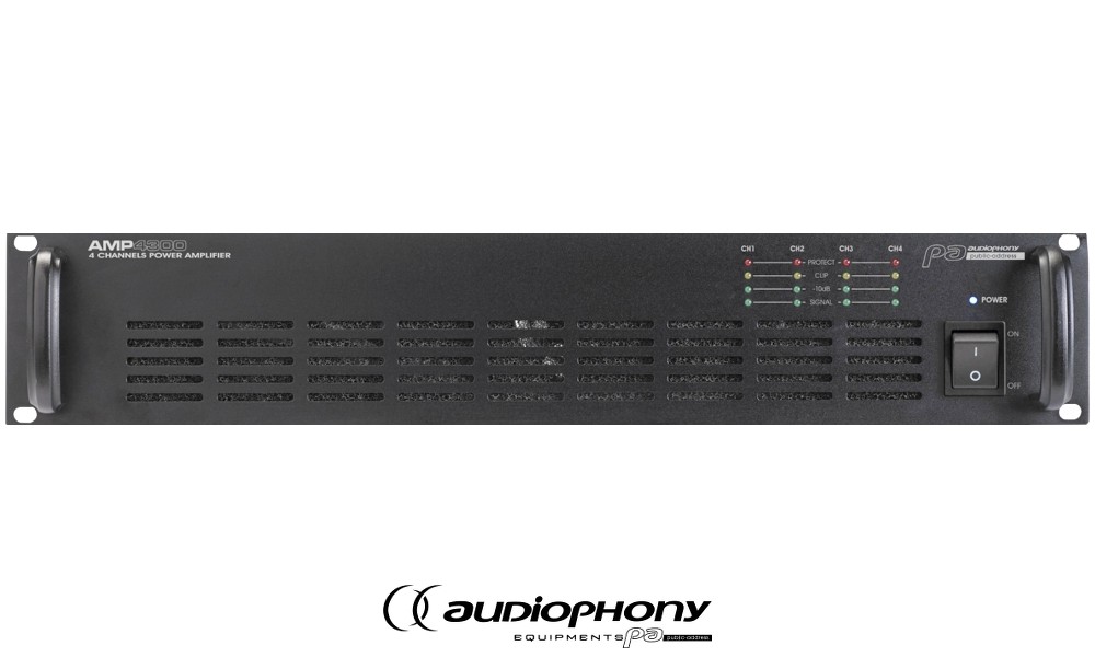 AUDIOPHONY AMP4300 4-Kanal Digitalendstufe, 19"/2U, 4x300W RMS, HI-Z 70/100V, Lüfter, Auto-Standby