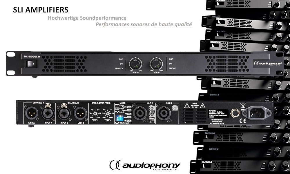 AUDIOPHONY SLI1000.2  2-Kanal Digital-Endstufe 2 x 900W RMS, 4Ω/70V/100V