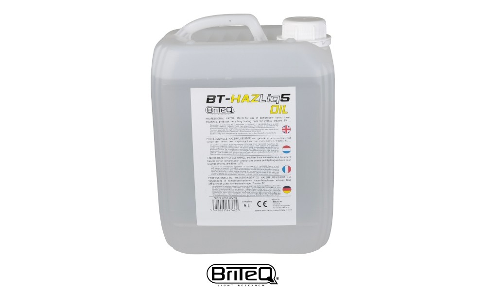 BRITEQ BT-HAZELIQ5 OIL Liquid für Hazer/Fazer. Durchscheinender, schnell verteilender Dunst/Nebel mit langer Verweildauer, gebrauchsfertig, 5 Liter