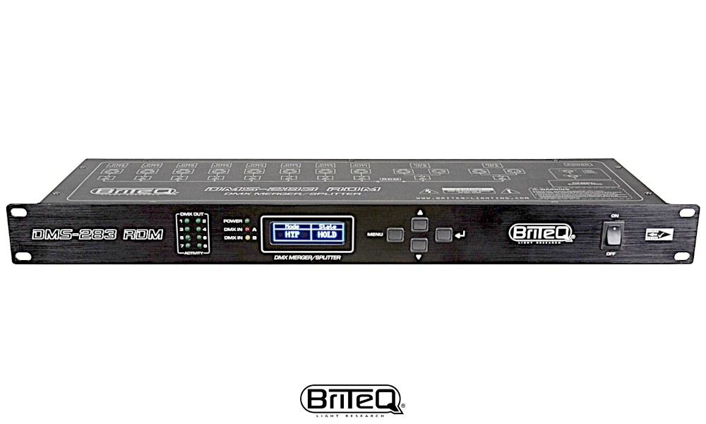BRITEQ DMS-283 RDM DMX Splitter/Merger/Booster mit RDM. Sichert die DMX-Installation mit 100% Isolation zwischen den Ein/Ausgängen. 2IN/8OUT, 3-Pol XLR