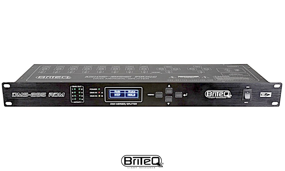 BRITEQ DMS-285 RDM DMX Splitter/Merger/Booster mit RDM. Sichert die DMX-Installation mit 100% Isolation zwischen den Ein/Ausgängen. 2IN/8OUT, 5-Pol XLR
