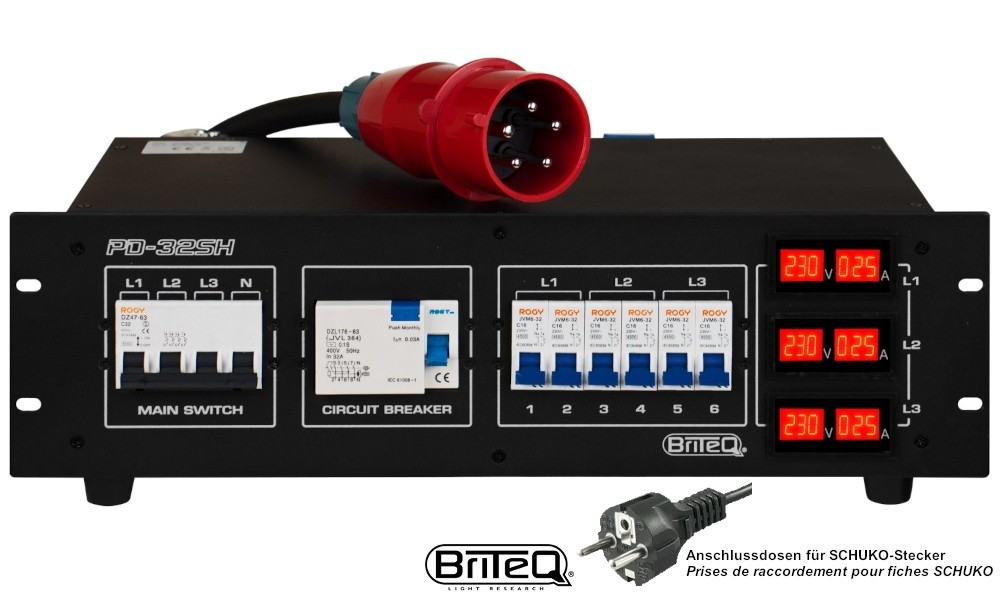 BRITEQ PD-32SH/GER 3-Phasen Stromverteiler, Outputs Harting/Socapex/Schuko