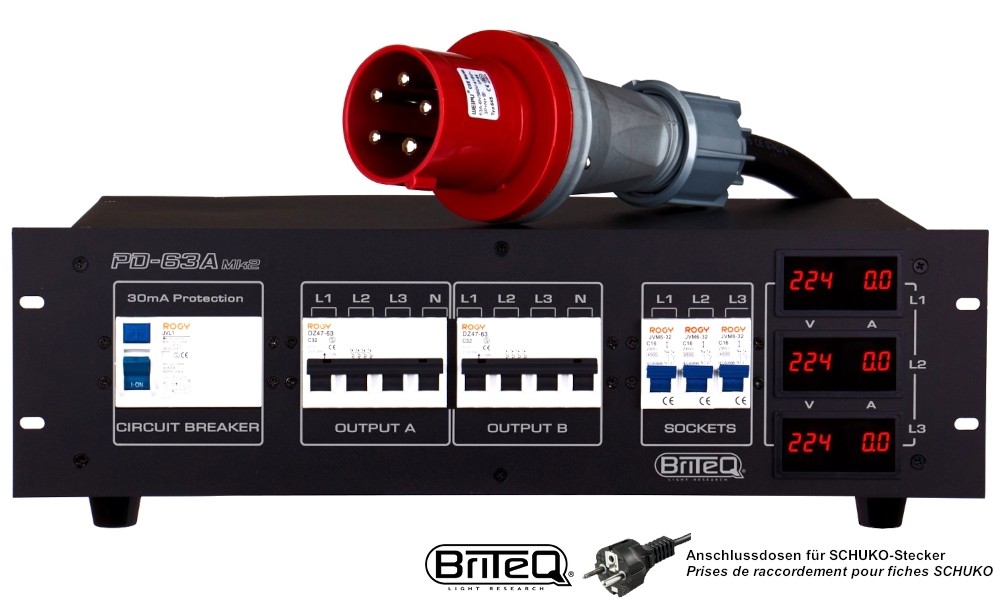BRITEQ PD-63A MK2/GER 3-Phasen Stromverteiler, Outputs CEE-32A/Schuko