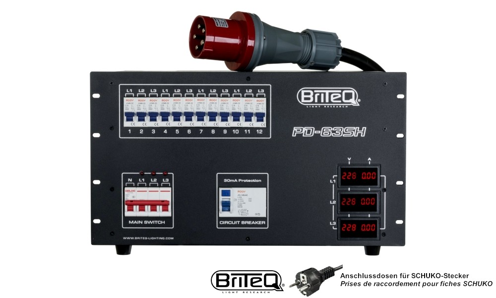 BRITEQ PD-63SH/GER 3-Phasen Stromverteiler, Outputs Harting/Socapex/Schuko
