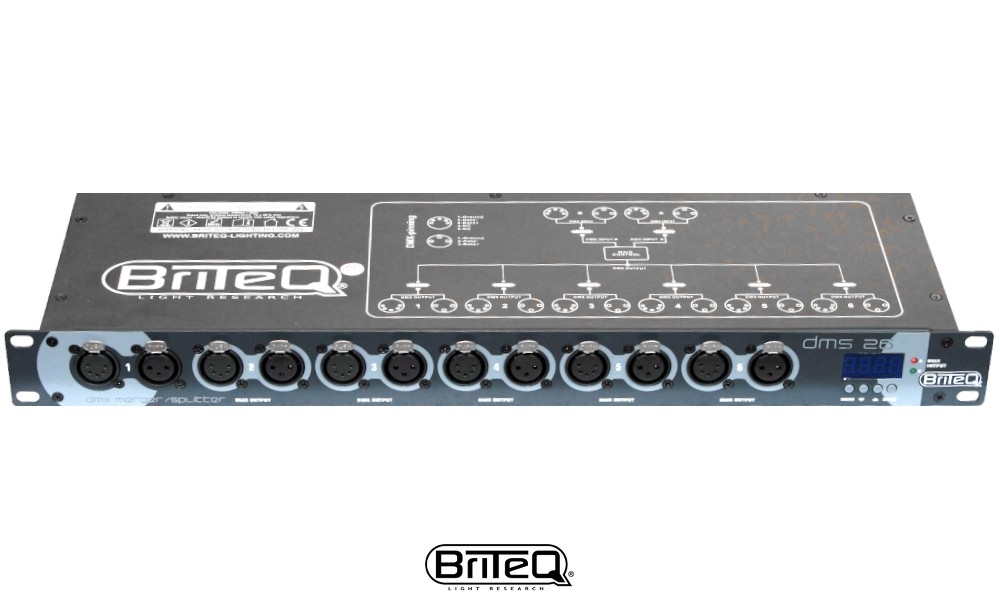 BRITEQ DMS-26 DMX Splitter/Merger/Booster. Sichert die DMX-Installation mit 100% Isolation zwischen den Ein/Ausgängen. 2IN/6OUT, 3 & 5-pol XLR