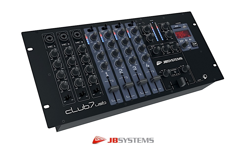 JB SYSTEMS CLUB7-USB DJ/Club-Mixer mit 4 Stereo Eingangs-Kanälen umschaltbar, bis zu 10 Line/Phono-Quellen, 3 Mic-Eingänge mit Talk-over, USB-Port für PC/MAC