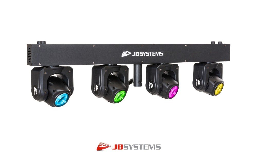 JB SYSTEMS QUADRA MOVE Licht-Bar mit 4 rotierenden Moving heads, 4x40W RGBW, integrierte Programme, DMX, 35mm Stativ-Flansch