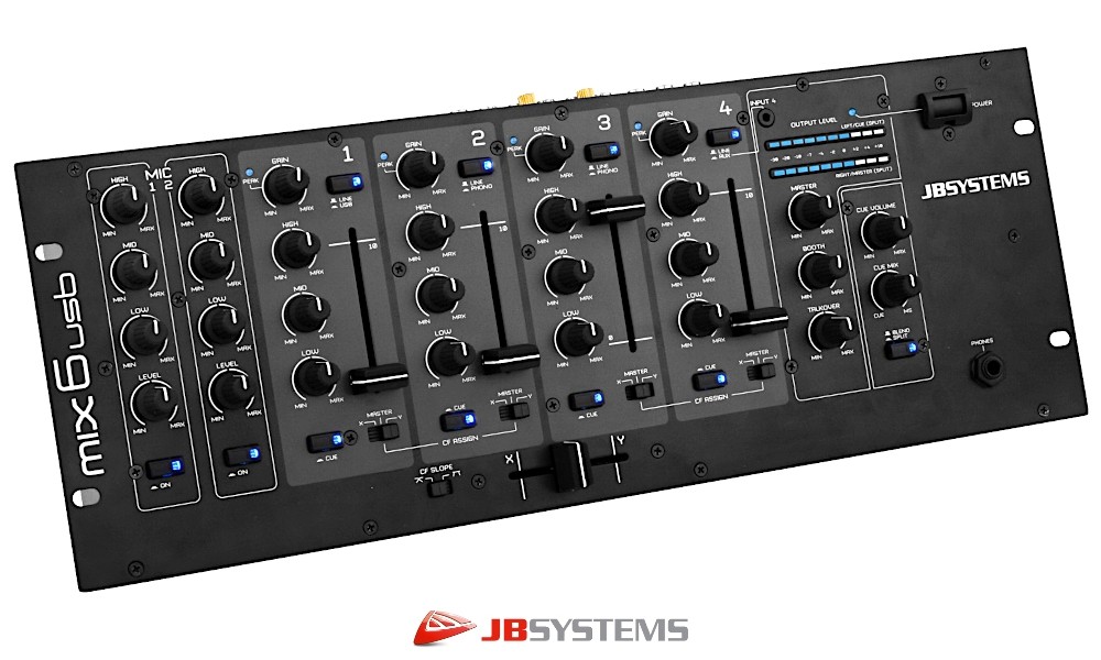 JB SYSTEMS MIX6-USB DJ/Club-Mixer mit 4 Stereo Eingangs-Kanälen umschaltbar, bis zu 7 Line/Phono-Quellen, 2 Mic-Eingänge mit Talk-over, USB-Port für PC/MAC