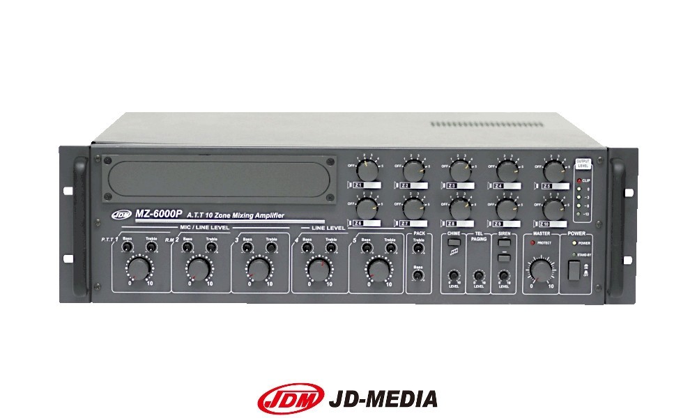 JD-MEDIA MZ-6000P 10-Zonen Zentrale 600W, 100V/4Ω, 3 Mic- und 2-Linien-Eingänge, 19"/3U