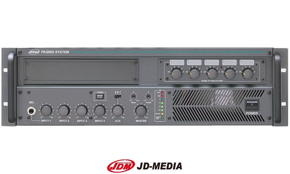 JD-MEDIA PS-3240 5-Zonen Mischer-Zentrale 240W, HI-Z/100V, 8 Ohm, 4 Mic/Line und 1 umschaltbarer AUX-Eingang
