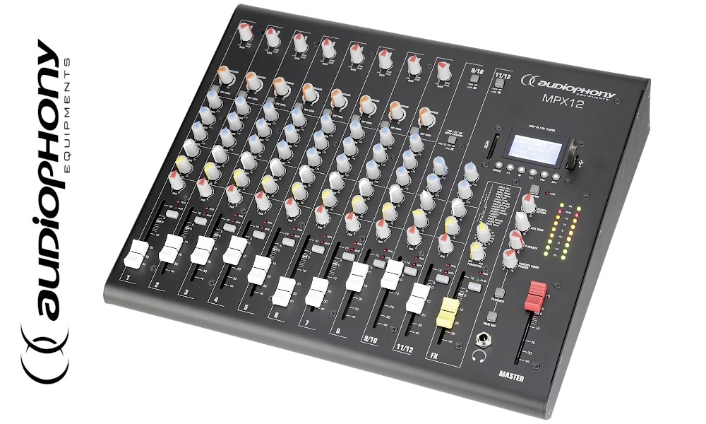 AUDIOPHONY MPX12 Stereo-Mixer mit 8 Mic/Line-Eingängen, 2 Stereo Line-Eingängen, Bluetooth®, USB/SD-Player, DSP FX-Effekt-Unit