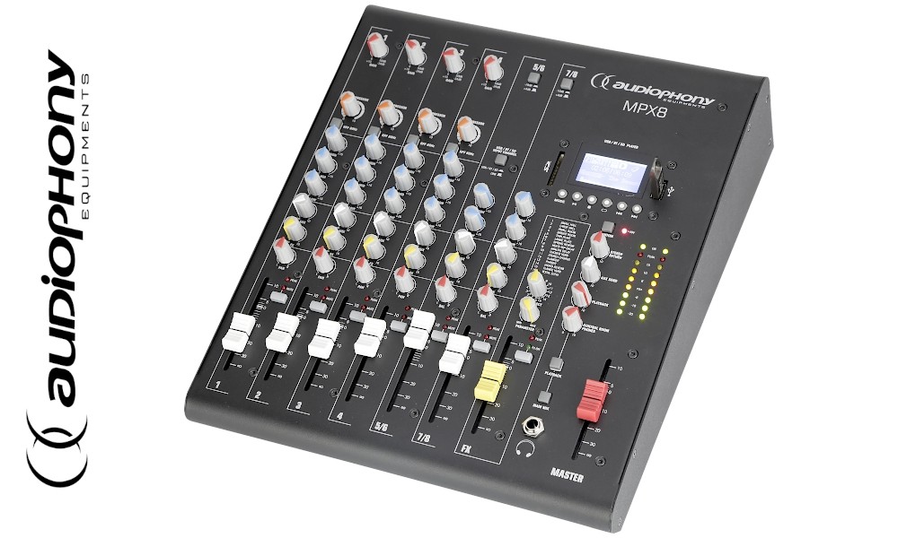 AUDIOPHONY MPX8 Stereo-Mixer mit 4 Mic/Line-Eingängen, 2 Stereo Line-Eingängen, Bluetooth®, USB/SD-Player, DSP FX-Effekt-Unit