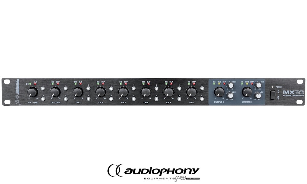 AUDIOPHONY MX82 Mixer 8 Stereo Mic/Line Eingänge, Routing, 2 unabhängige Ausgänge, Anschluss für Sprechstelle, Phoenix-Buchsen, 19"/1U
