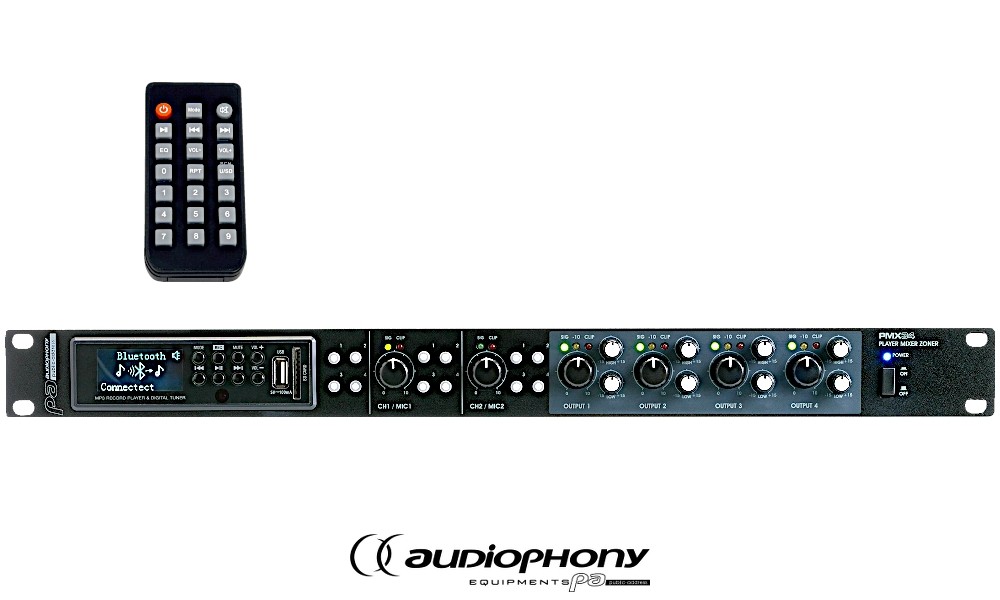 AUDIOPHONY PMX34 2-Kanal Mixer, MP3/FM/BT, 4 Stereoausgänge, 19"/1U