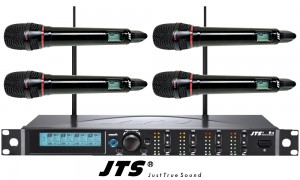 JTS R-4HM4AB-SET Professionelles UHF-System, 4 Kondensator-Handmikrofone, 4-Kanal