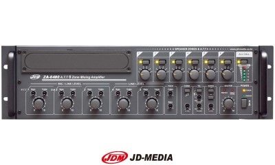 JD-MEDIA ZA-6480 6-Zonen Mischer-Zentrale 480W, HI-Z/100V, 4 Ohm, 5 Mic/Line-Eingänge
