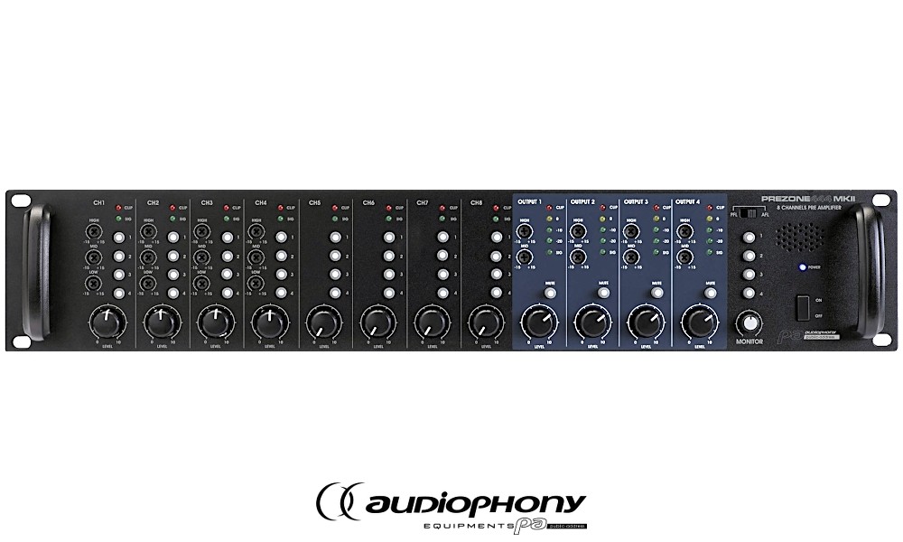 AUDIOPHONY PREZONE444 MK2 Mixer 8 entrées mono micro/ligne, routing, 4 sorties indépendantes, connexion pour contrôleur mural et pupitre, 19"/2U