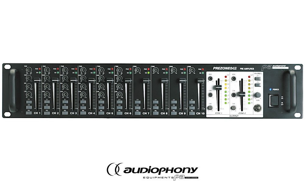 AUDIOPHONY PREZONE642 Mixer 10 entrées mono micro/ligne, routing, 2 sorties mono indépendantes, fonction priorité, 19"/2U