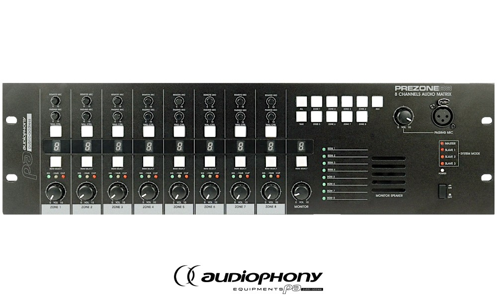 AUDIOPHONY PREZONE88 Matrix avec 8 entrées ligne stéréo assignables sur 8 sorties mono symétriques, connexions pour postes d'interphonie et contrôleurs muraux, moniteur, 8IN/8OUT