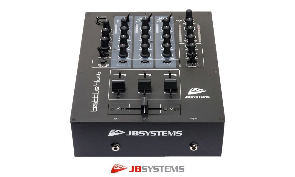 JB SYSTEMS BATTLE-4USB Mixeur DJ/Club avec 3 canaux d'entrée stéréo commutables, jusqu'à 7 sources ligne/phono, 1 entrée micro, 2 ports USB pour PC/MAC