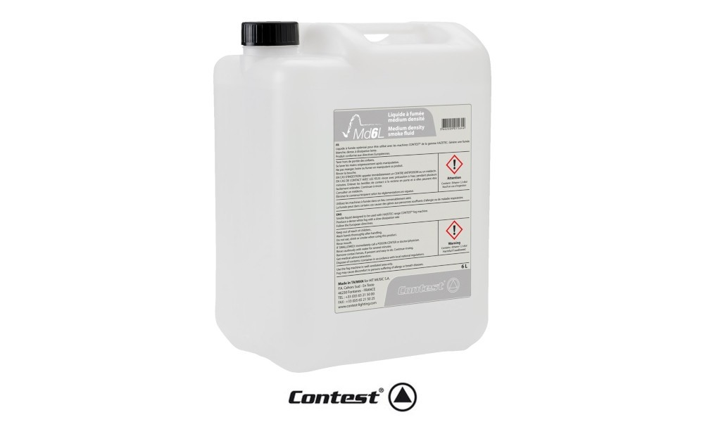 CONTEST MD6L Liquide pour machines Hazer. Brume finement répartie et se dissipant lentement. Prêt à l'emploi, 6 litres.