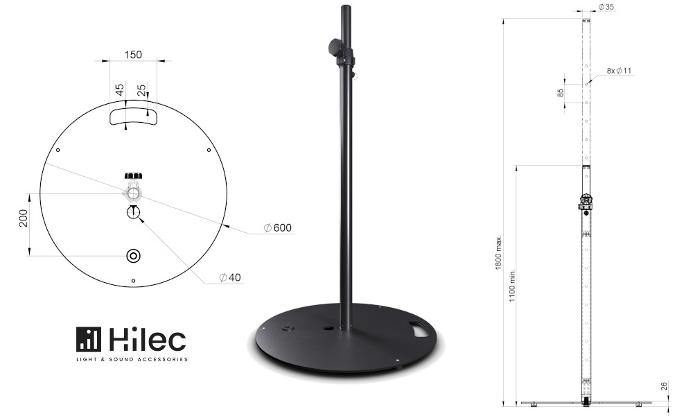 HILEC STICK-RB Pied pour enceinte avec embase lourde ronde - Noir