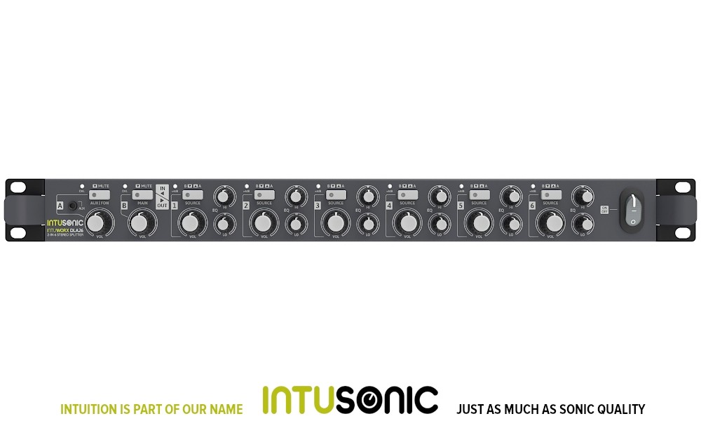 INTUSONIC IntuWorx™ DLA26 Distributeur/répartiteur 2 entrées stéréo vers 6 sorties stéréo avec entrée prioritaire pour système d'annonce d'urgence, jack 6,3 mm, Euroblock