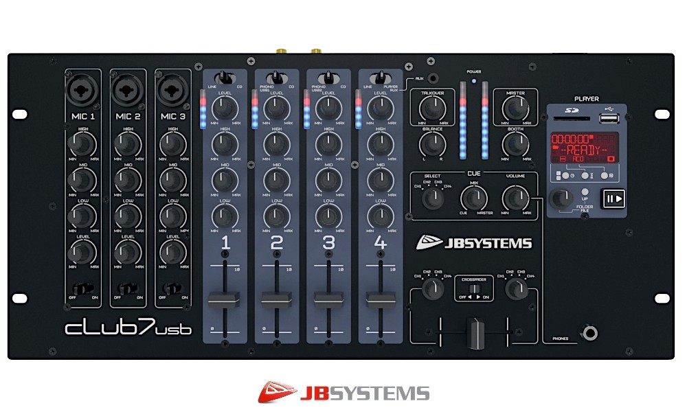 JB SYSTEMS CLUB7-USB Table de mixage DJ/Club avec 4 canaux d'entrée stéréo commutables, jusqu'à 10 sources ligne/phono, 3 entrées micro avec talk-over, port USB pour PC/MAC