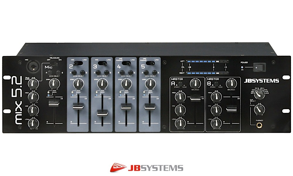 JB SYSTEMS MIX5.2 Mixer 4 entrées micro/ligne/phono commutables, Routing, 2 sorties stéréo indépendantes, Talk-Over, commutateur mono/stéréo