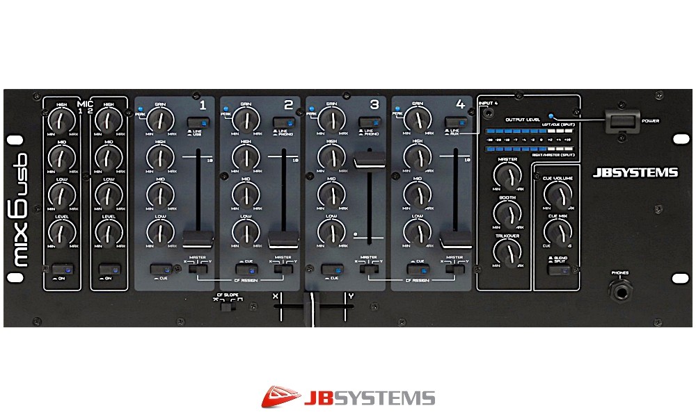 JB SYSTEMS MIX6-USB Table de mixage DJ/Club avec 4 canaux d'entrée stéréo commutables, jusqu'à 7 sources ligne/phono, 2 entrées micro avec talk-over, port USB pour PC/MAC