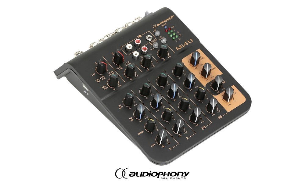 AUDIOPHONY Mi4U Mixer avec 2 entrées micro/ligne et 2 entrées ligne stéréo, canal stéréo USB/RCA supplémentaire commutable sur Master