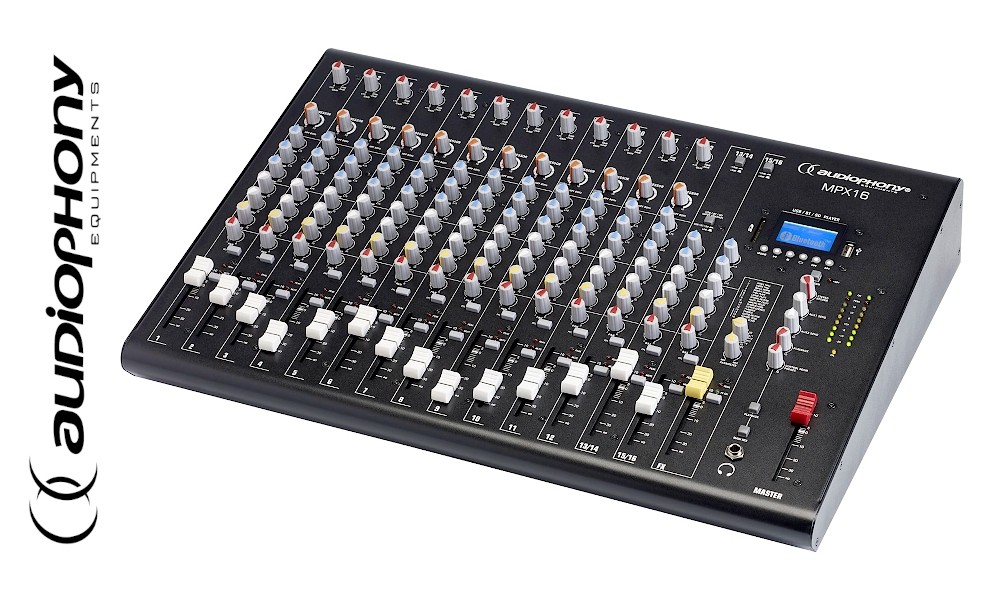 AUDIOPHONY MPX16 Mixeur stéréo avec 12 entrées Mic/Line, 2 entrées ligne stéréo, Bluetooth®, lecteur USB/SD, unité d'effets DSP FX