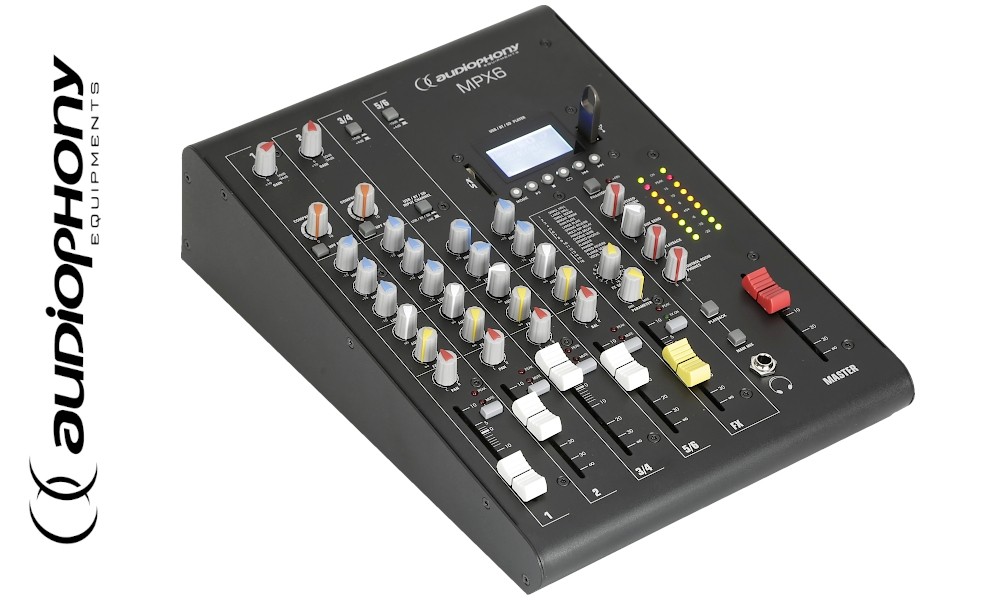AUDIOPHONY MPX6 Mixeur stéréo avec 2 entrées Mic/Line, 2 entrées ligne stéréo, Bluetooth®, lecteur USB/SD, unité d'effets DSP FX