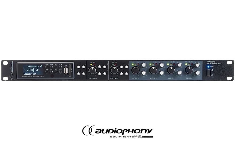 AUDIOPHONY PMX34 Mixeur 2 entrées stéréo micro/ligne, Routing, 4 sorties indépendantes, Lecteur USB/SD, FM, Bluetooth, Connexion pour poste d'interphonie, Prises Phoenix, 19"/1U