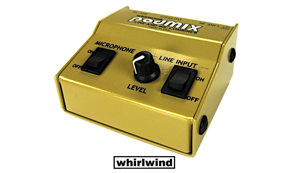 WHIRLWIND podMIX DI/mixer passif mixe un signal micro et un signal stéréo - sortie signal mono au niveau micro, Groundlift, RCA, minijack stéréo 3,5mm, XLR/M
