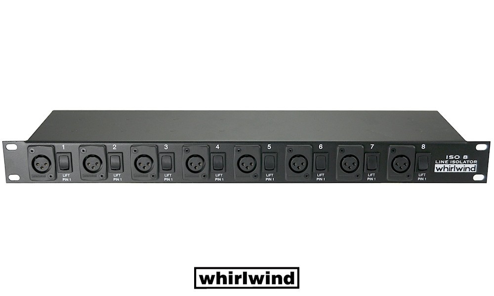 WHIRLWIND ISO-8XLR - Isolateur de niveau ligne 19/1U - 8 entrées XLR/F pour la séparation galvanique des signaux de ligne symétriques/asymétriques, Groundlift, XLR/F-XLR/M