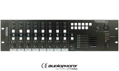 AUDIOPHONY PREZONE88 Matrix avec 8 entrées ligne stéréo sur 8 sorties mono symétriques, connexions pour postes d'interphonie et controleurs, moniteur