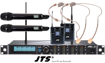 JTS R-4HMHSO-SET Système UHF professionnel, 2 microphones à main dynamiques, 2 headsets (omnidirectionnel), 4-canaux