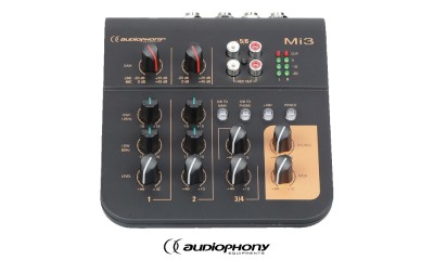AUDIOPHONY Mi3 AUDIOPHONY Mi3 Mixeur avec 2 entrées micro/ligne et 1 entrée ligne stéréo, 1 canal RCA stéréo supplémentaire commutable sur Master