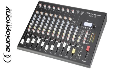 AUDIOPHONY MPX12 Mixeur stéréo avec 8 entrées Mic/Line, 2 entrées ligne stéréo, Bluetooth®, lecteur USB/SD, unité d'effets DSP FX